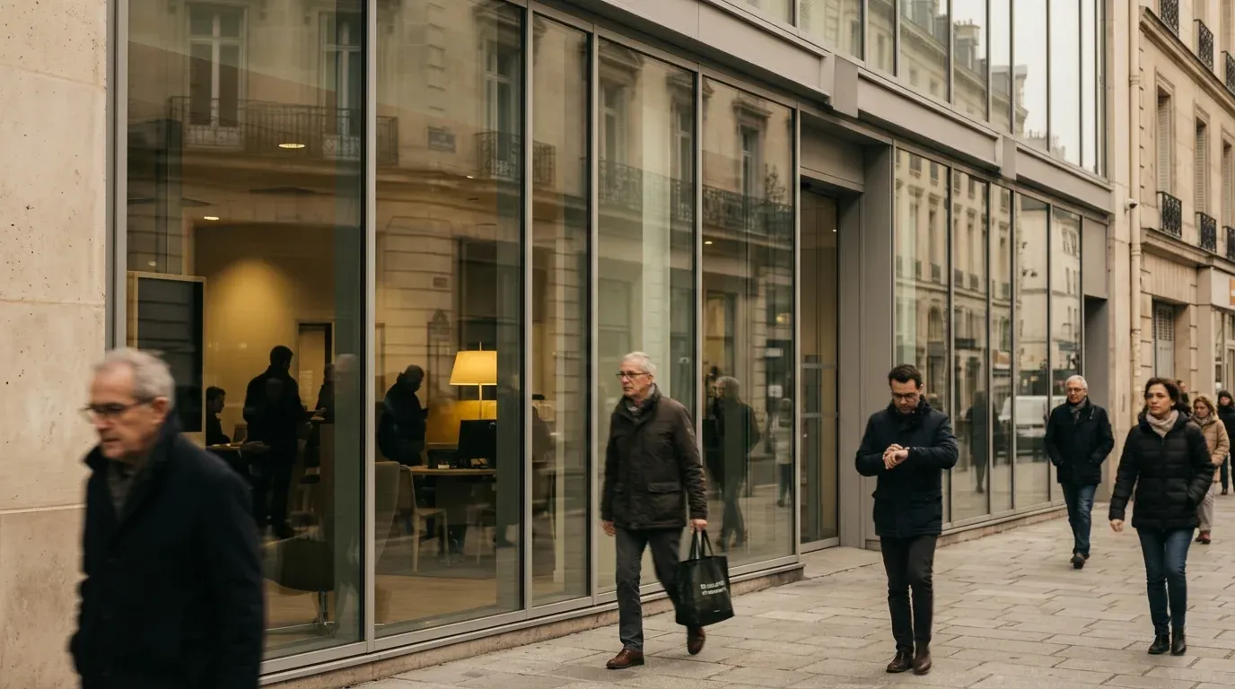 Illustration : un guichet de banque vu de l'extérieur, vitrine floutée, sans enseigne lisible