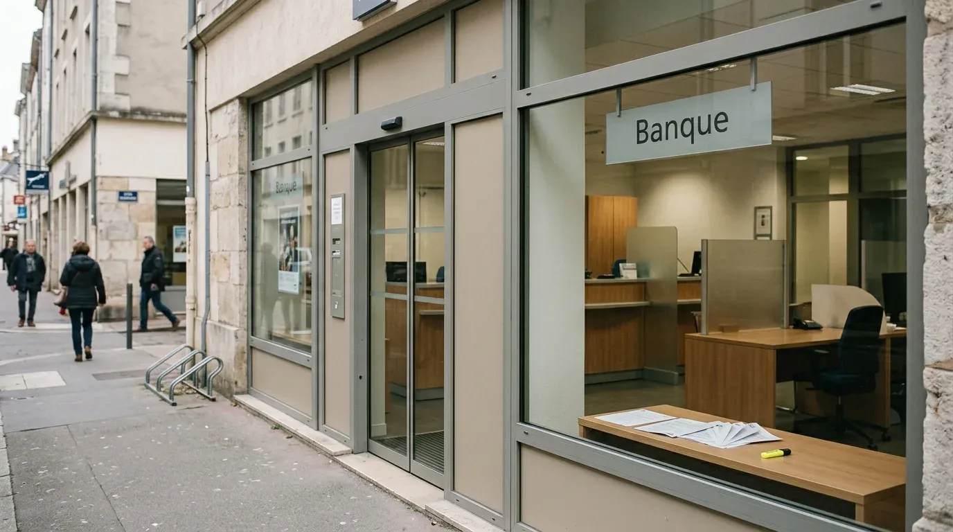 Façade vitrée d'une agence bancaire vue depuis le trottoir, guichets visibles à travers la vitrine